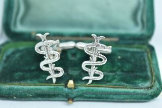 Vintage Sterling Silver Cufflinks With A Medic Snake And Staff Design G613