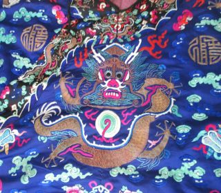 Vintage Blue Chinese Republic Period Embroidered Dragon Robe 2