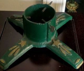 Vintage Cast Iron Small Green Christmas Tree Stand With Shooting Stars