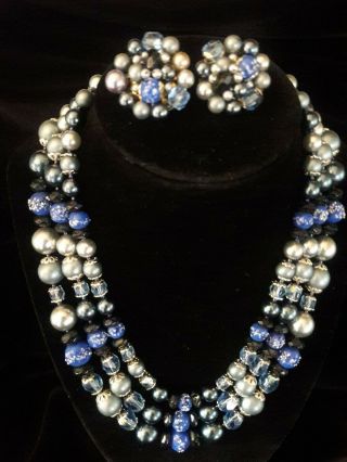 Vintage Blue Glass,  Pearl,  And Crystal Glass Bead 3 Strand Necklace & Earring Set