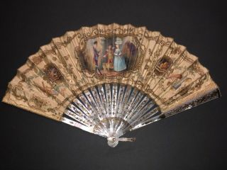 Fine Antique Victorian French Mother Of Pearl Gold Inlay Hand Painted Silk Fan