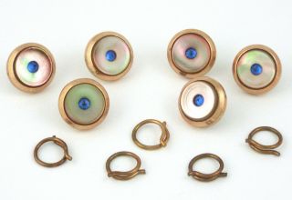c1900 ANTIQUE TUXEDO STUD SET - MOTHER of PEARL PASTES ROSE GOLD FILLED w/ CASE 3