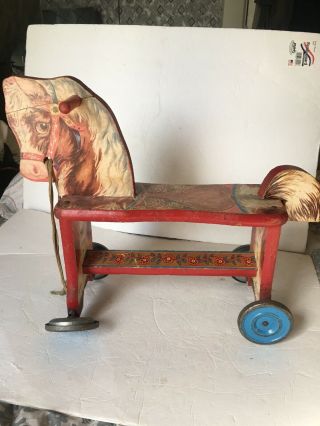 Vintage Gong Bell Lithograoh Wooden Horse Ride On