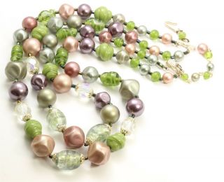 Vintage 2 - Strand Graduated Green Pink Purple Art Glass Pearl Bead Necklace 22.  5 "
