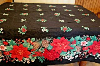 Unusual Vintage Black Christmas Tablecloth Poinsettia Pine Cones Holly