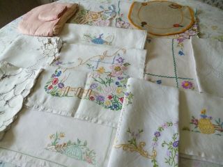 Thirteen Pretty Vintage Hand Embroidered Tray Cloths: Crinoline Ladies Etc