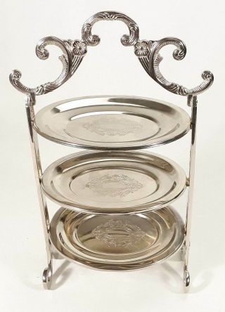 Vntg Victorian Style Silver Plate Three 3 Tier Cake Display Stand Serving Tray