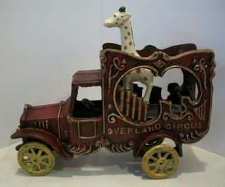 Vtg Overland Circus Cast Iron Truck W/giraffe & Rolling Yellow Red Wheels Vgc