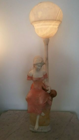 Monumental 45 In Tall Italian Art Deco Alabaster Figural Lady Playing Lute Lamp