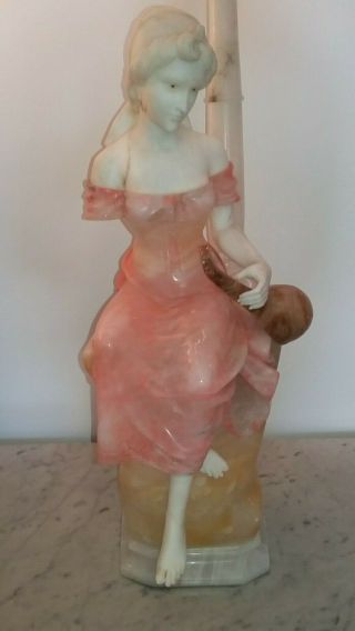 Monumental 45 in tall Italian Art Deco alabaster figural lady playing lute lamp 2