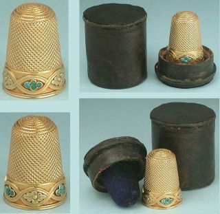 Lovely Antique 18 Kt Gold & Turquoise Thimble In Case English Circa 1870