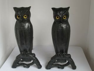 Antique Pair Large 22 " Tall Cast Iron Owl Andirons Glass Eyes P.  S.  & W.  Co.