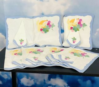 6 Vintage Linen Placemats & Napkins Set Pockets Floral Leaf Appliqué Embroidery