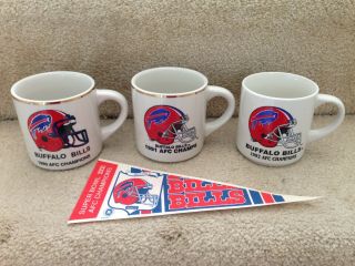 Vtg.  Buffalo Bills Nfl 1990 - 1 - 2 Afc Champs Mugs Bowl Mini Pennant Usa