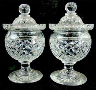 Pair Antique Covered Cut Glass Urns Sweetmeat Jars
