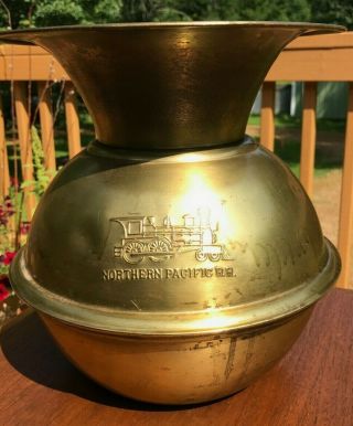 Vintage Double Sided Northern Pacific Rr Brass Spittoon Weighted Base