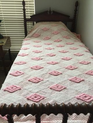 Vintage Cotton Chenille Bedspread 88” X 100” White Pink,  Diamond Pattern