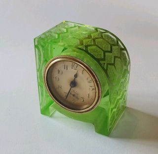 Stunning Very Rare Vintage Green Cut Glass Art Deco Desk Clock Machine Age 3.  2 "