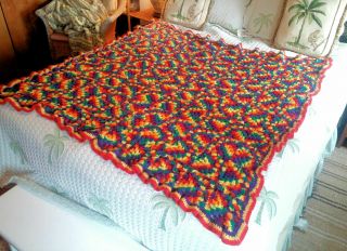 Vintage Hand Crochet Afghan Granny Square Blanket Rainbow Colors 54 " X 54 "