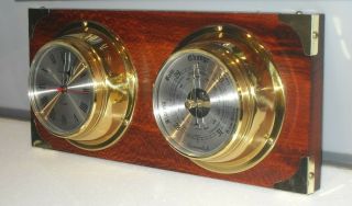 Vintage 1970/80s Cavendish Ships Brass Bulkhead Barometer & Clock On Mahogany