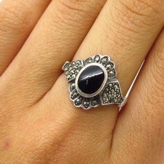 Vintage Signed 925 Sterling Silver Black Onyx & Marcasite Gem Ring Size 8