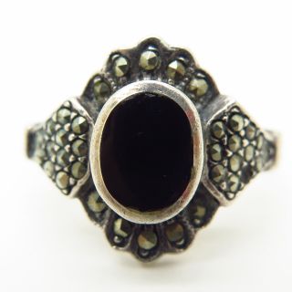 Vintage Signed 925 Sterling Silver Black Onyx & Marcasite Gem Ring Size 8 2