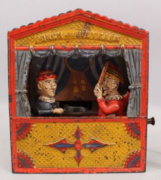 19thc Antique Punch Judy Puppet Show Cast Iron Mechanical Bank,  Shepard Hardware
