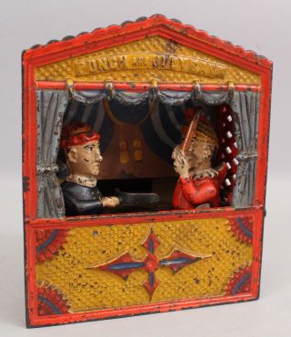 19thC Antique PUNCH JUDY Puppet Show Cast Iron Mechanical Bank,  Shepard Hardware 3