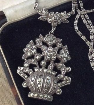 Vintage Art Deco Jewellery Sterling Silver Vase Of Flowers Pendant Necklace