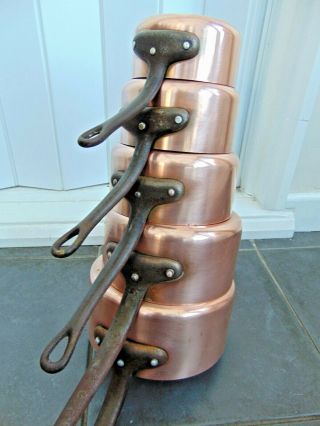 Set 5 Vintage French Copper Saucepans Tin Lined Cast Iron Handles