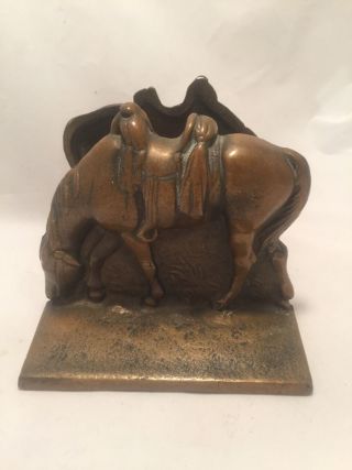 Vintage Cast Iron Brass Finish Western Saddle Horse Bookends Doorstop Pair