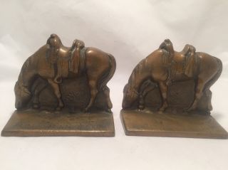 Vintage Cast Iron Brass Finish Western Saddle Horse Bookends Doorstop Pair 2