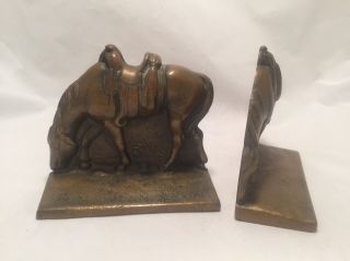 Vintage Cast Iron Brass Finish Western Saddle Horse Bookends Doorstop Pair 3