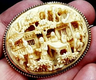 Antique Chinese Carved Bone Yellow Metal Mounted Brooch Emporor 