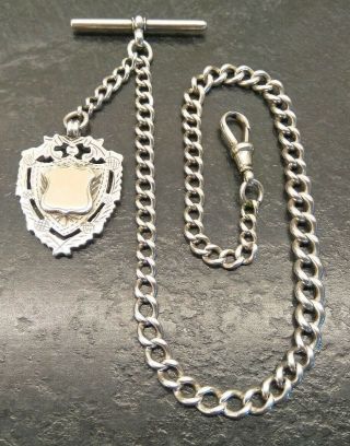 Antique Silver Graduated Curbed Linked Albert Pocket Watch Chain & Fob.  Chester.