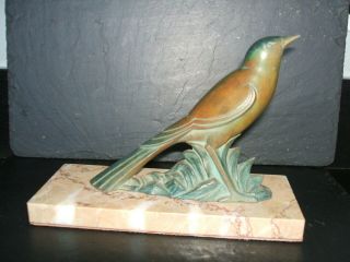 Art Deco Bronze Bird Figure (long Tailed Finch?) On Marble Base