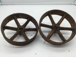 Vintage Pair Cast Iron 8 " Wheels Industrial Factory Cart Table Hit Miss