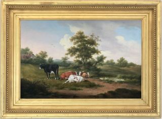 Cattle In A Landscape Antique Oil Painting Attr.  John Dearman (fl.  1824 - 1856)