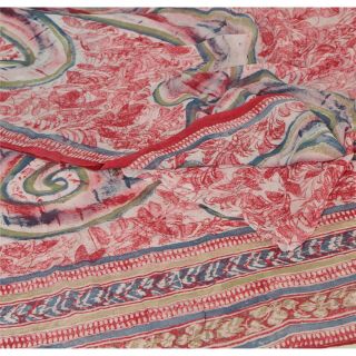 Sanskriti Vintage Cream Saree Blend Georgette Printed 5 Yard Sari Craft Fabric