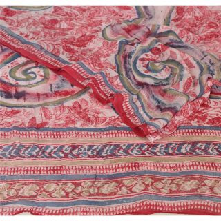 Sanskriti Vintage Cream Saree Blend Georgette Printed 5 Yard Sari Craft Fabric 2