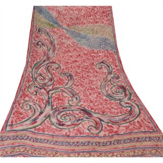 Sanskriti Vintage Cream Saree Blend Georgette Printed 5 Yard Sari Craft Fabric 3