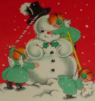 Vintage Christmas Card,  Adorable Angels Building A Snowman,  5 1/2 "