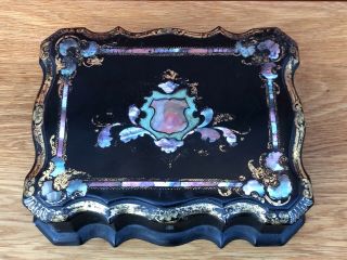 Stunning Victorian Black Lacquer Papier Mache Box Mother Of Pearl & Abalone