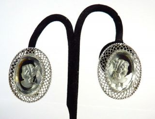 Vintage Whiting Davis Cameo Earrings Reverse Carved Glass