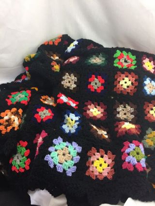 Vintage Afghan Handmade Crochet Black Granny Square Scalloped Edges 70 X 48