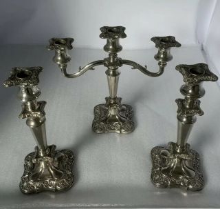 Large Vintage Gothic Silver Plated Candelabra & Two Candlesticks English Made