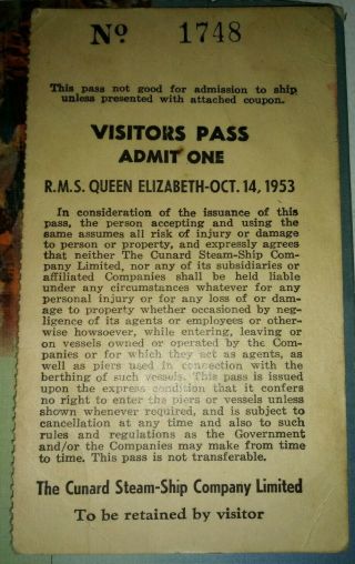 Rms Queen Elizabeth Oct.  14,  1953 Ticket Stub.  Rare