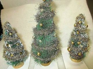 3 Vintage Bottle Brush Christmas Trees = 5 " To 6 1/2 " Tall = Wood Base 4