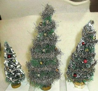 3 Vintage Bottle Brush Christmas Trees = 4 1/2 " To 6 1/2/ " Tall 6