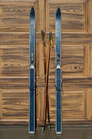 Classic Vintage Wooden Skis With Poles
